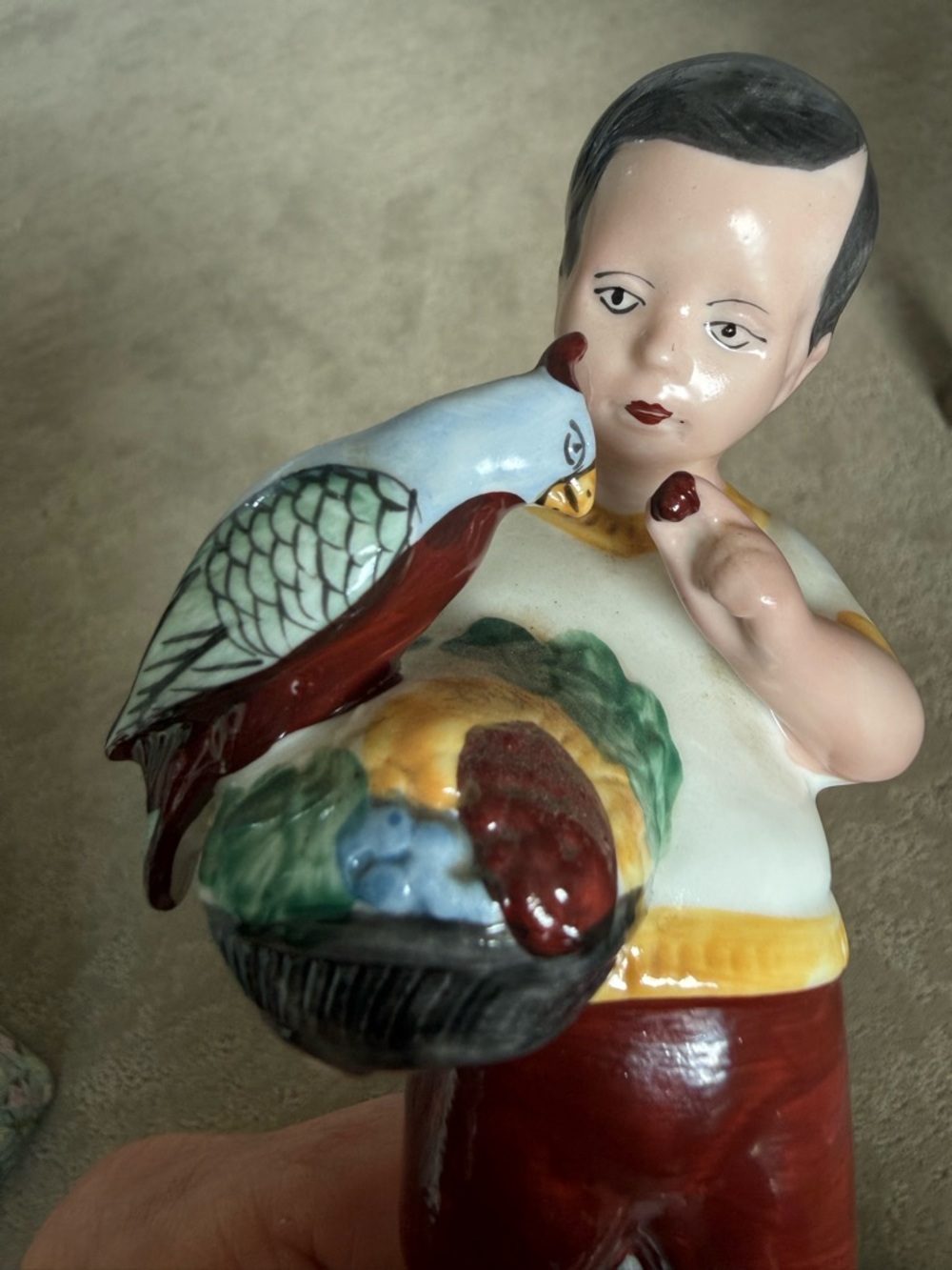 Antique German Porcelain Boy w Bird Parrot Figurine 6.5”